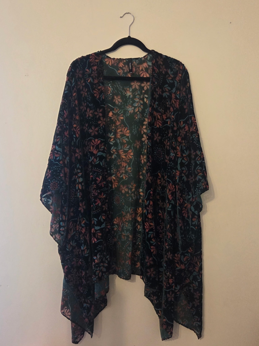 torrid Sheer Floral Kimono in Black with Teal & Rust